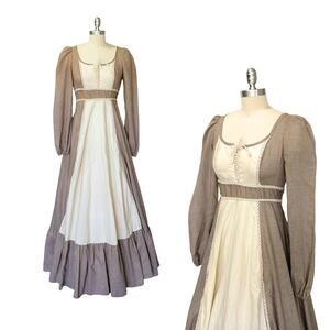 Gunne Sax Vintage 70s Milkmaid Corset Maxi Dress Size M 13 Brown Check Ren Faire